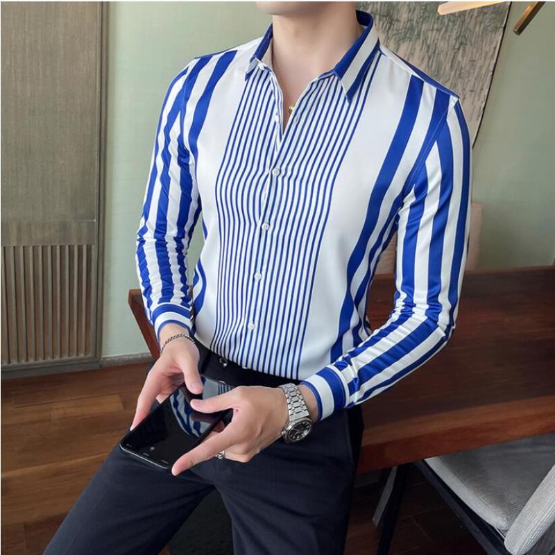 

Men's Dress Shirts Striped Casual Streetwear Slim Fit Black White Long Sleeve Shirt Tops Men Autumn Silk Satin Digital Printed S-4XL