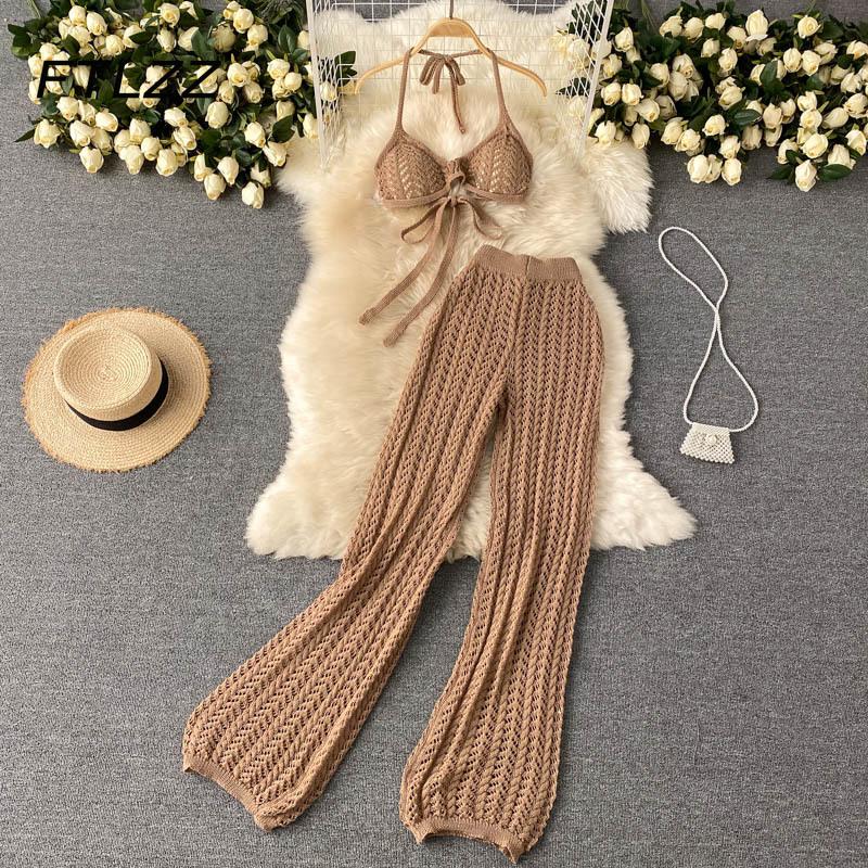 

Women's Two Piece Pants Summer Sexy Beach Lace Outfits Women V Neck Bikini Bandage Blouse And Hollow Knit Wide-leg Sets Woman Clothing, Black