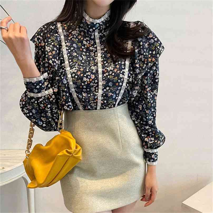 

Vintage Floral Ruffles Puff Sleeves OL High Street Fashion Blouses Brief Printed All Match Chic Women Shirts 210525, Dark blue