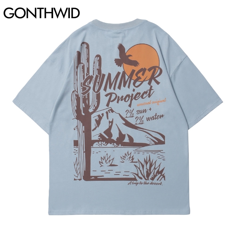 

Tshirts Cactus Grass Sun Mountain Print Short Sleeve Cotton T-Shirts Hip Hop Streetwear Casual Harajuku Loose Tees Tops 210602, Khaki