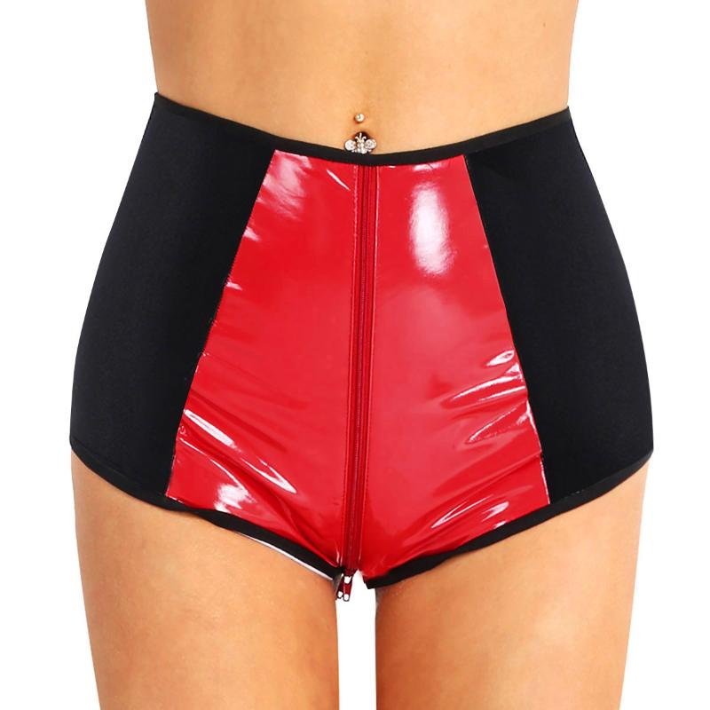 

Women' Panties Womens Sexy Wetlook Clubwear Faux Leather High Waist Zipper Crotchless Underwear For Pole Dance Rave Shorts, Black red