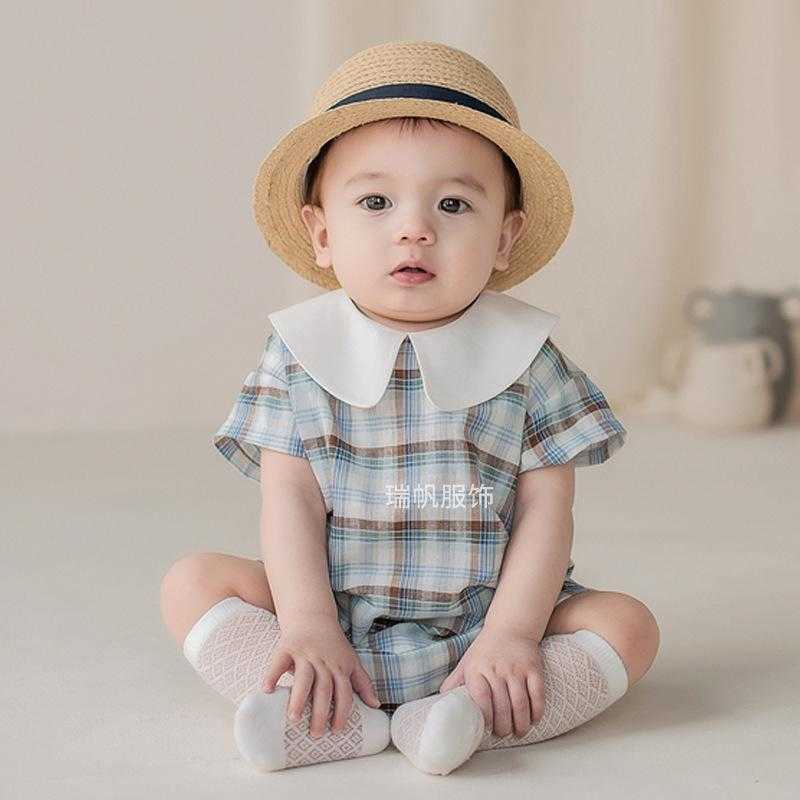

Baby Boy Boutique Clothing Infant Plaid Romper born Cotton Peter Pan Collar Jumpsuit Spain Birthday Baptism Bodysuits 210615, Blue romper