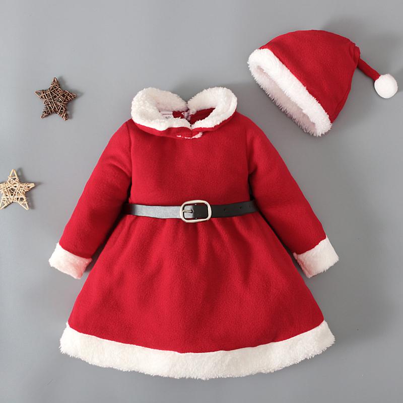 

Girl's Dresses Toddler Baby Infant Girls' Christmas Dress With Hat Flannel Clothes Set Long Sleeve Square Collar + Belt 2021, Red;yellow
