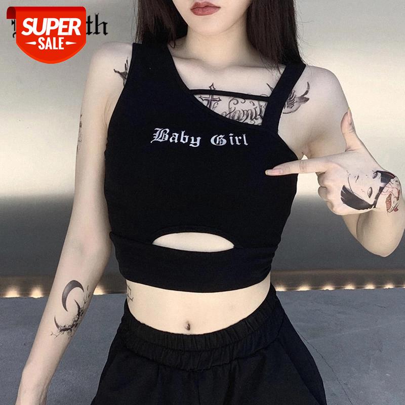 

InsGoth Punk Streetwear Letter Print Flective Crop Tank Tops Women Gothic Harajuku Bodycon Hollow Out Patchwork Black White Tank #Zd65