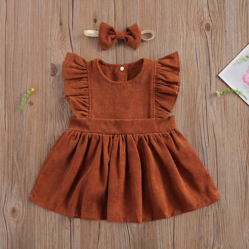 

Pudcoco Toddler Baby Girl Clothes Solid Color Sleeve Round Neck Ruffle Cotton Dress Headband 2Pcs Outfits Baby Girl Casual, Brown