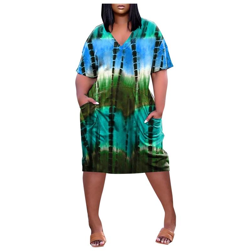 

Women's Swimwear Fashion Casual Dress Loose Plus Size V-Neck Short Sleeves Skirt Sexy Print Tie Dye Pockets Straight, White;black