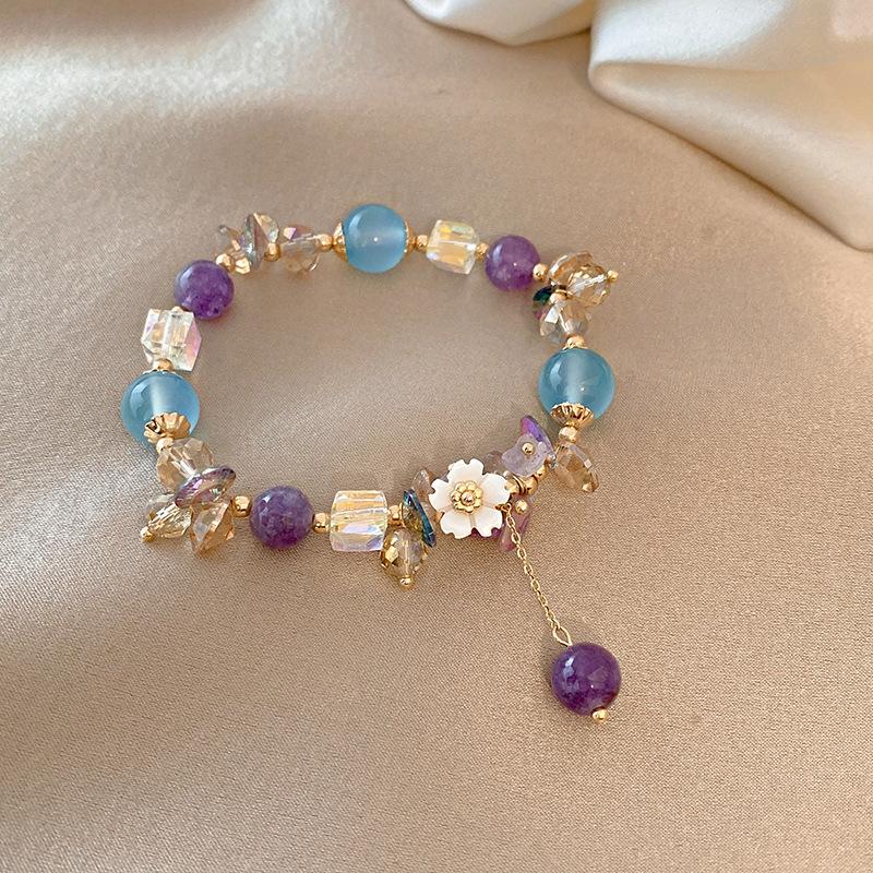 

Charm Bracelets Minar Vintage Blue Purple Color Crystal Beaded Bracelet For Women White Resin Flowers Beads Elastic Accessories