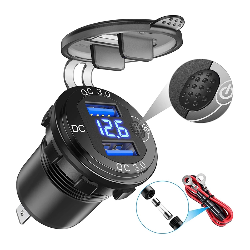 

Quick Charge QC3.0 36W Dual USB Car Charger Socket Waterproof with Voltmeter Switch Fast Charging Adapter, Black/blue light