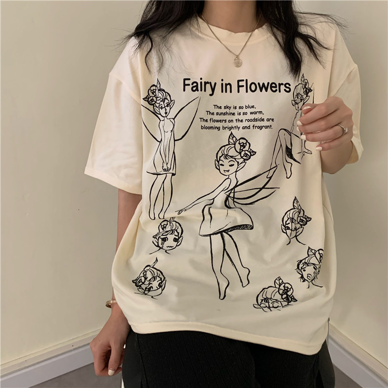 

2021 New Ulzzang Japanese Kawaii Cartoon Print Tshirt Schoolgirl Will See Tops Korean Style Sweet Release Manga Short Female T-shirt Et8v, White