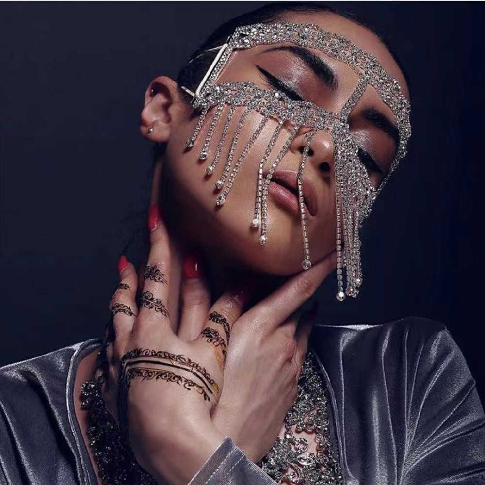 

2021 Luxury Full Rhinestone Tassel Mask Masquerade Face Jewelry for Women Sexy Crystal Chain Cosplay Face Mask Face Accessories Q0818