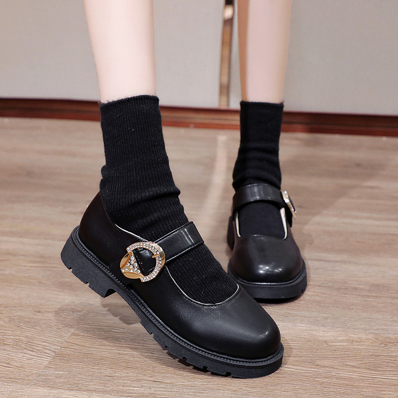 

2021 New Fashion Crystal Buckle Pu Leather Women Low Heel Round Toe Mary Jane Pumps Woman Ankle Strap Shoes Mujer J8lj, Square buckle 2