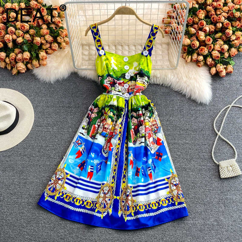

DEAT Women Printing Sling Dress Slash Neck Sleeveless Arrivals Lady Sexy Fashion Temperament Spring Summer 11D1401 210709, Blue
