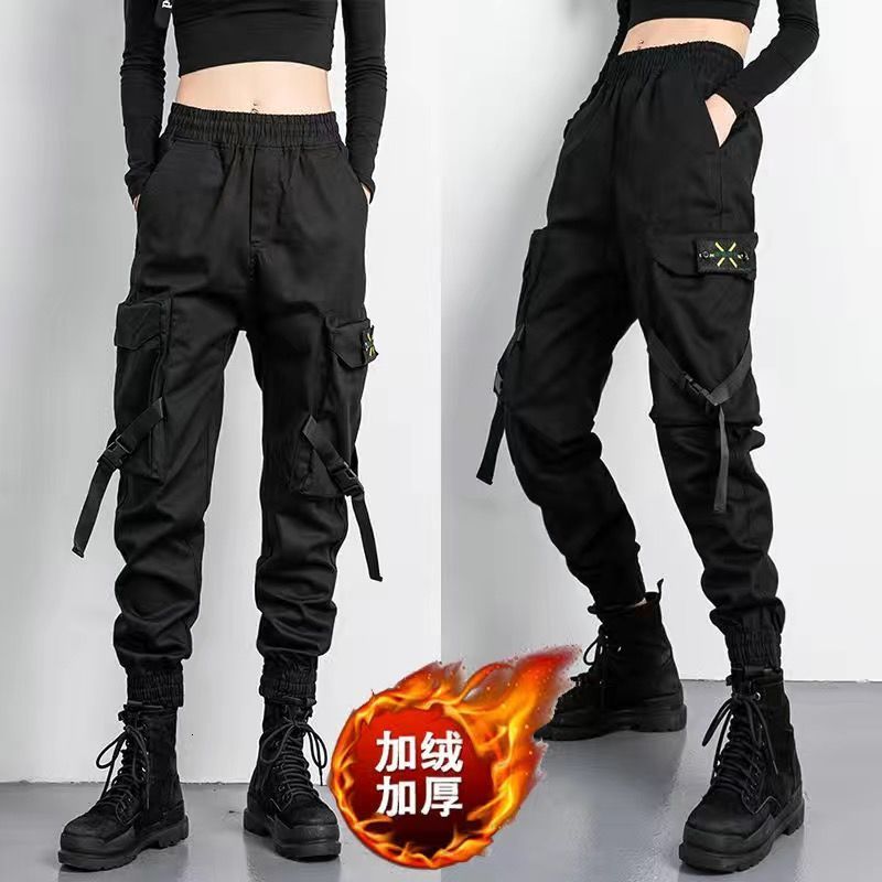 

New Fleece Women's High Waist 2021 Winter Sportswear Loose Harajuku Cotton Female Cargo Pants Elastics Trousers V3c8 792b, 441 black