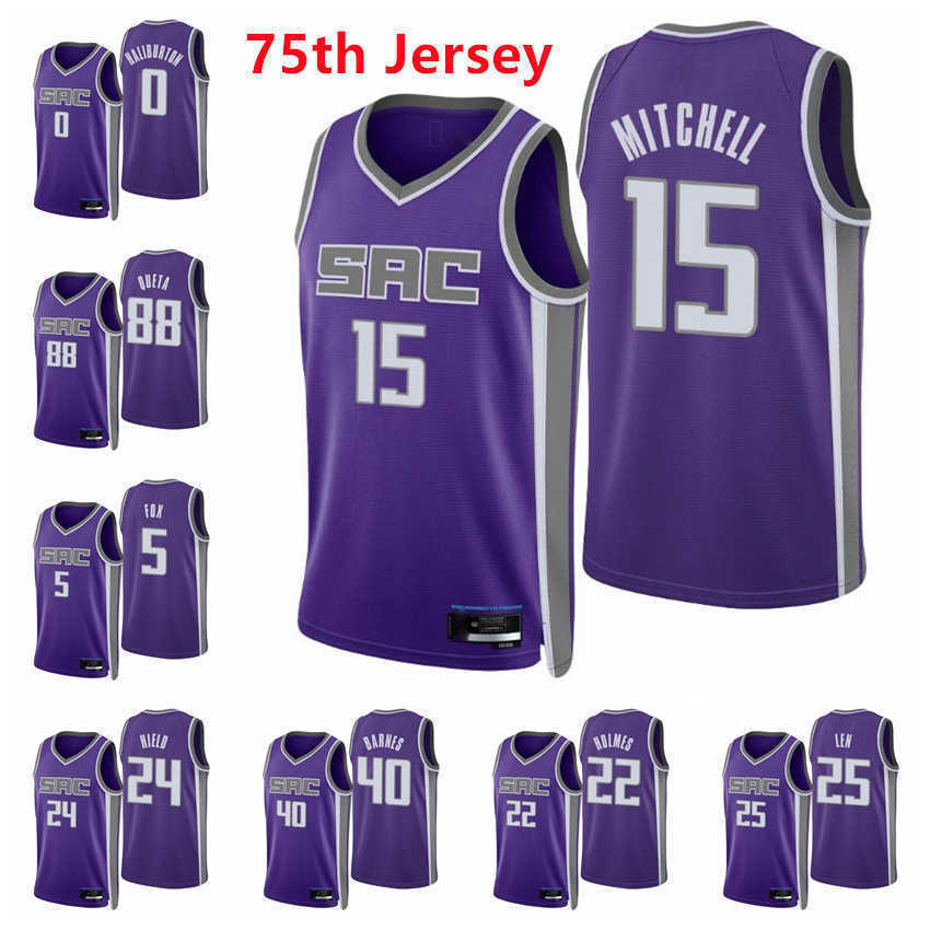 

2021 2022 Printed Men Basketball Davion Mitchell Neemias Queta DeAaron Fox Buddy Hield Tyrese Haliburton Barnes 75th Purple Jerseys