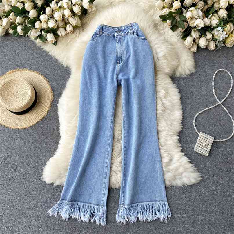 

Women Jeans Spring Fashion Denim Blue Long Pants Vintage High Waist Wide Leg Tassels Trim Casual Streetwear Female Clothes 210603