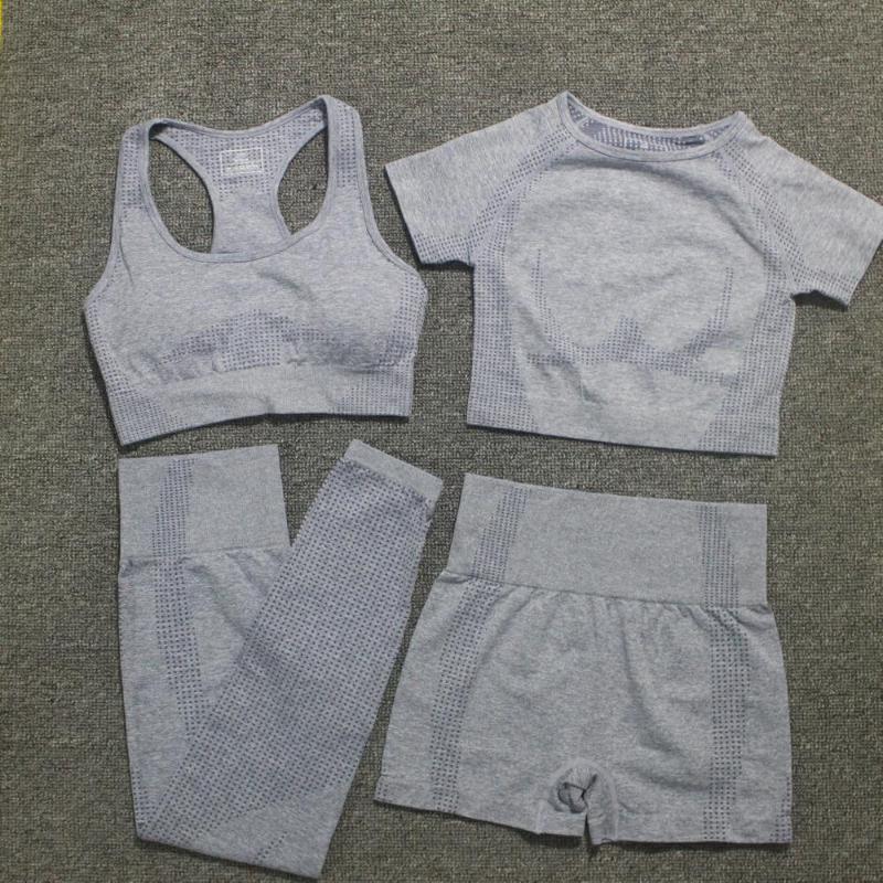 

4 Pieces Yoga Set +Short Sleeve Crop Top+Sports Bra+Sport Shorts Sports Wear For Women Gym Clothing Sports Suit, Black