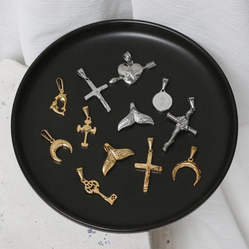 

Charms Cross Coin Fish Tail Moon Diy Pendants Fashion Stainless Steel For Jewelry Making All Match Gold Handmade Accessories, Bronze;silver