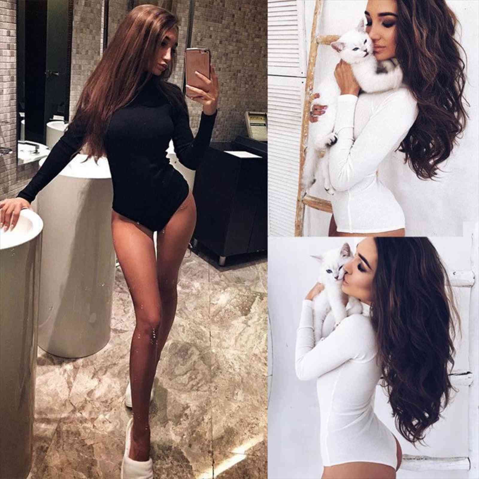 

fashion bodysuit 2 womens jumpsuits style long sleeve turtleneck solid skinny white black clothes size s 2xl, Black;white