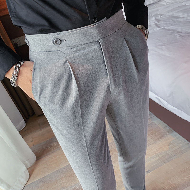 

2021 New British Business Casual Slim Trousers Version Solid Color Fashion Straight Light Grey Personality Belt Mens Pants Jfj5, Black