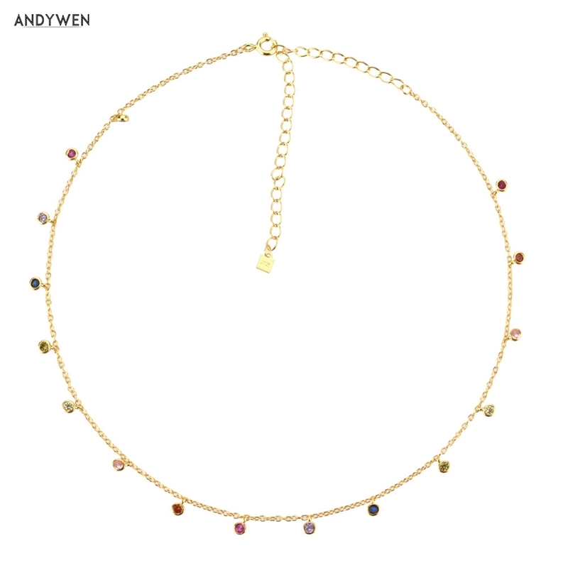 

ANDYWEN 925 Sterling Silver Gold Rainbow Zircon Charm Choker Chain Necklace Rock Punk Party Beads Pendant 2020 Fine Jewelry