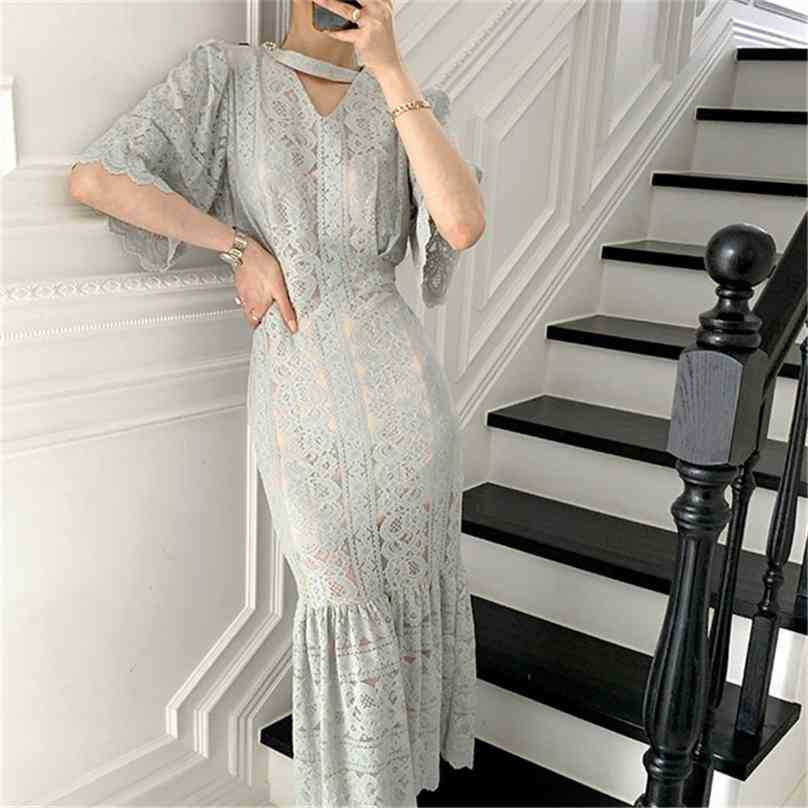

Streetwear Femme OL Sweet Mermaid Vintage Lace Slim Trumpets Retro Sexy All Match Long Dresses Vestidos 210525, Blue