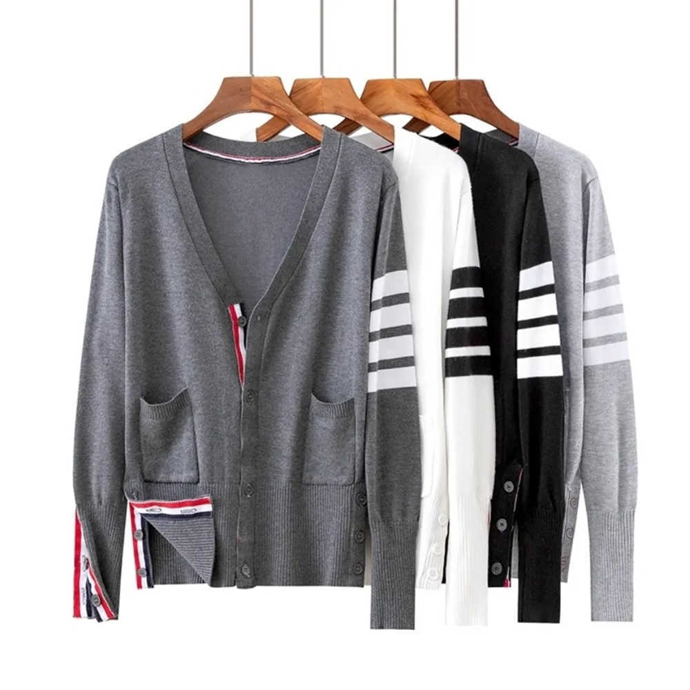 

Unisex Spring Autumn Women Couple Tb Style Wool Blend Femme Sweater Woven Belt Knitwear Mujer Cardigan Pocket Classic Jacket Top, Black