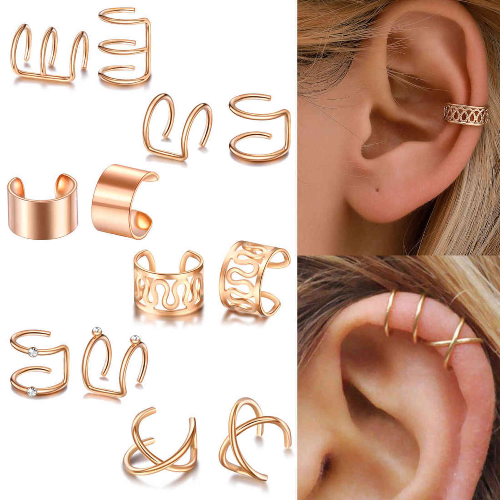 

12pcs/set Fashion Punk Rock Ear Clip Cuff Wrap Earrings No Piercing-clip on Cartilage Earring Dropshipping Gifts
