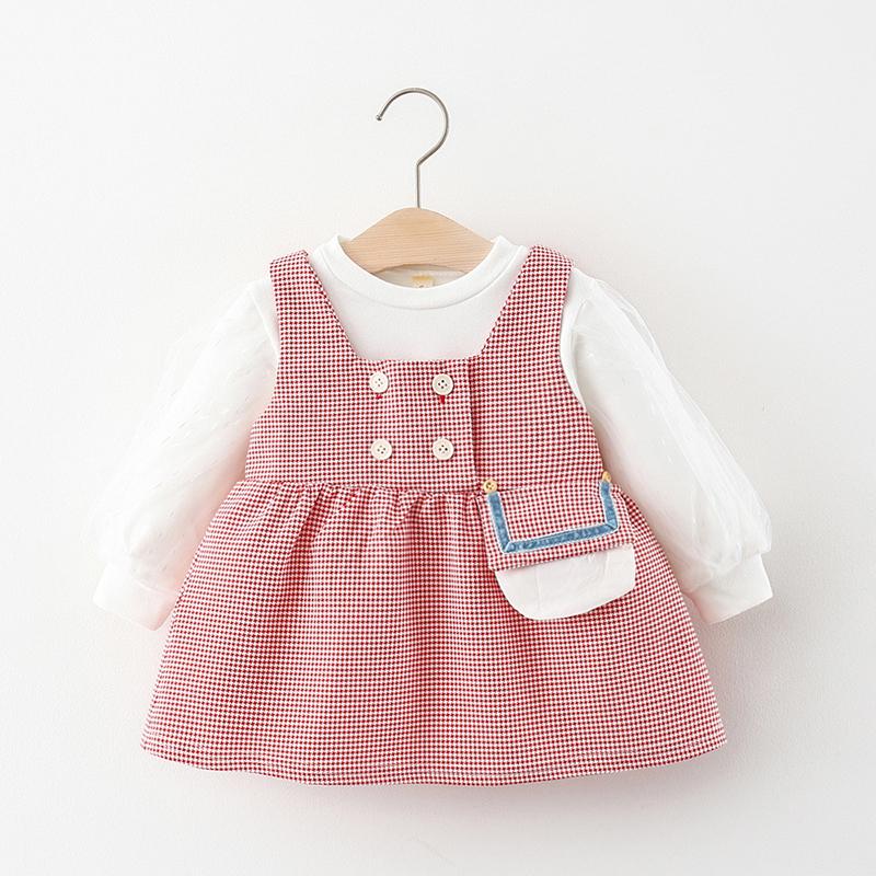 

Girl's Dresses Autumn 2Pcs Kids Infant Lace Plaid Long Sleeve For Baby Girls Dress Born Clothes Set Children's Princess, Ah9013pink