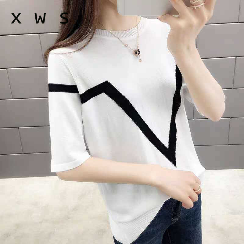 

Summer Knitted Pullover Tops Ladies Fashion striped Causal Tricot Sweaters Womens Knitted Jumpers Loose Knit Female Pull Top 210604, White