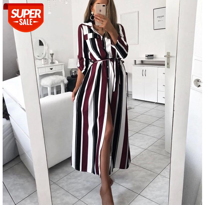 

2019 Office Lady Turn-Down Collar Button Lace Up Long Shirt Dress Women Autumn Spring Long Sleeve Stripe Maxi Dresses #pJ0T, Black;gray