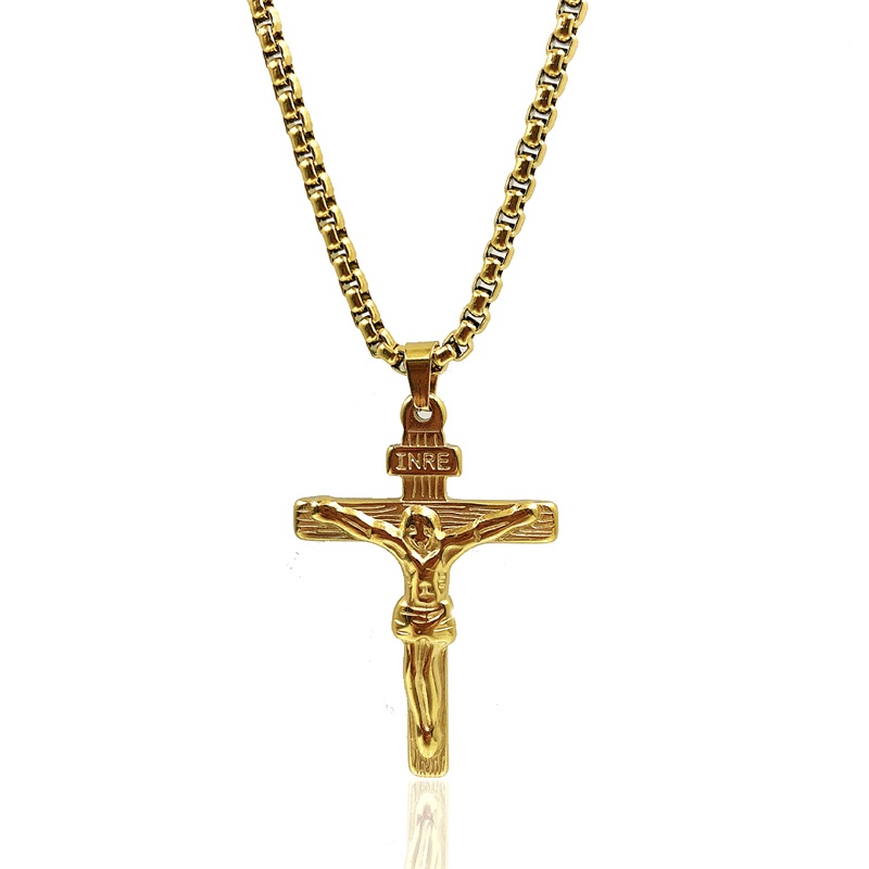 

24k Solid Yellow Gold GF 6mm Italian Figaro Link Chain Necklace 24" Womens Mens Jesus Crucifix Cross Pendant 50 U2, Silver