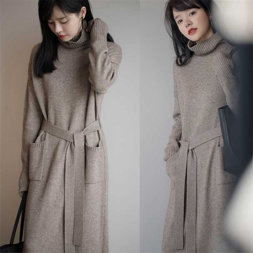 

Thick Winter Women' Dress Fall Sweater Women Long Sleeve Knitted es Maxi Vintage Oversize es Knitting 211110, Milk tea color