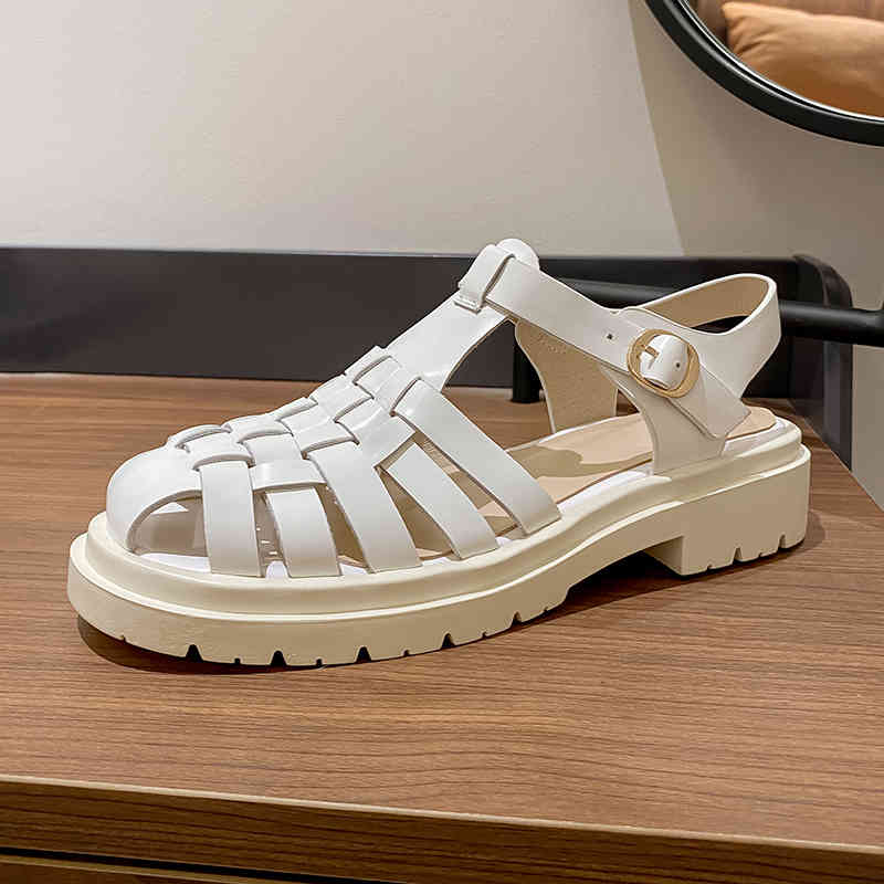 

dress shoes qutaa summer round toe retro sandals cow leather cut outs rome female buckle slingback women med heels size 34-41 8r06, Black