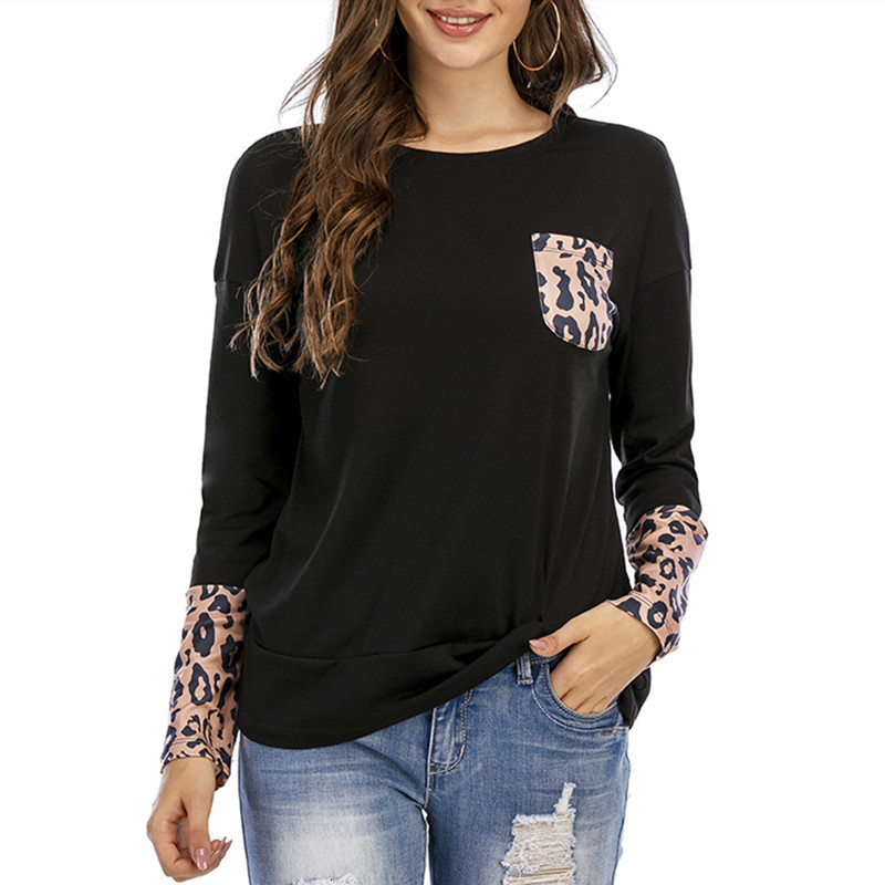 

2021 Style Autumn Winter Leopard Pocket Long Sleeve Shirt Women Solid Cotton T-shirt O-neck Simple Fashion Basic Tops Casual F2oi, Black