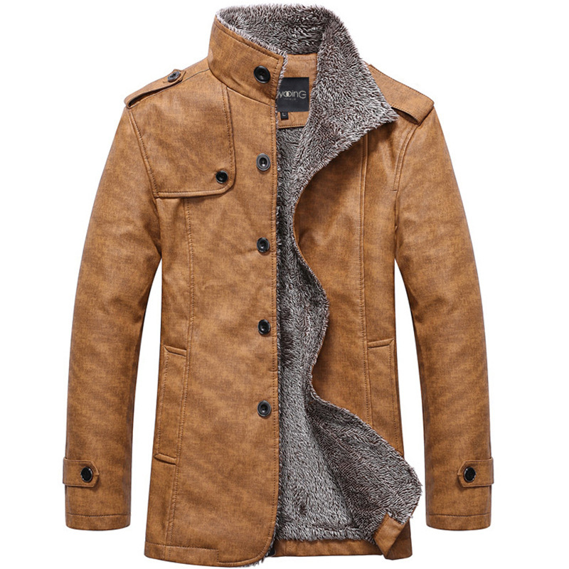

Winter Warm smart casual Jacket Men Solid Long Sleeve Faux PU Leather Coat Stand Collar Thick Slim Fit Men Jacket Trench Coats, Black