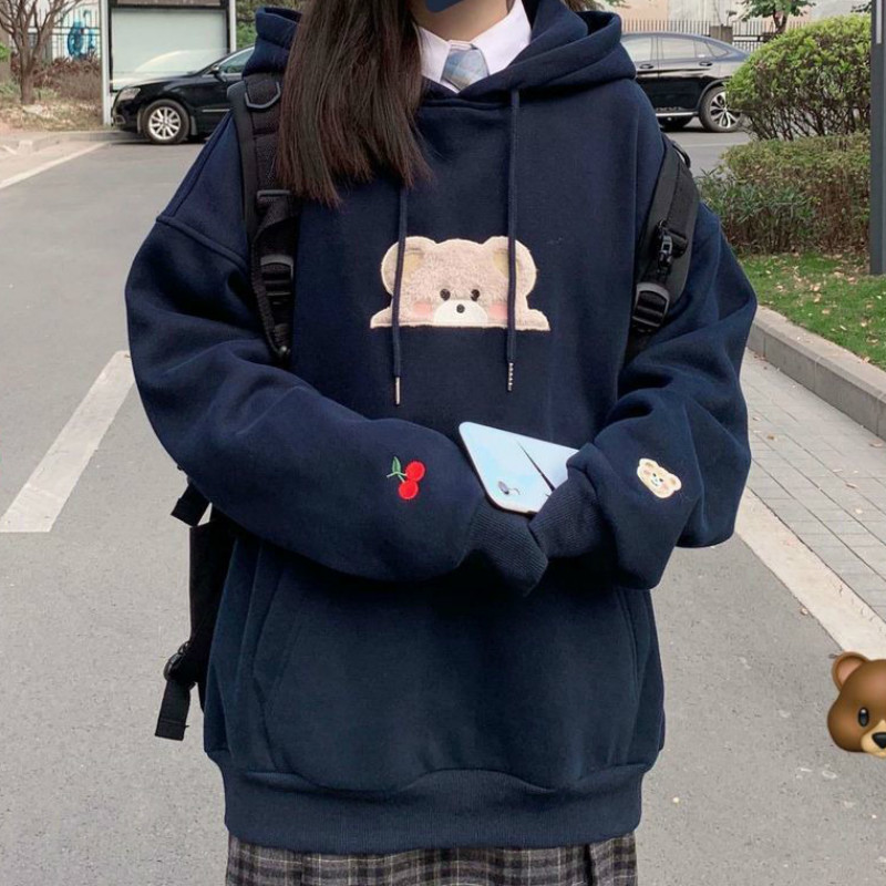 

2021 New Deeptown Coreano Outono Inverno Moda Kawaii Moletom Feminino Manga Longa Topos Bonito Bordado Casual Hoodies Vr8q, Bai