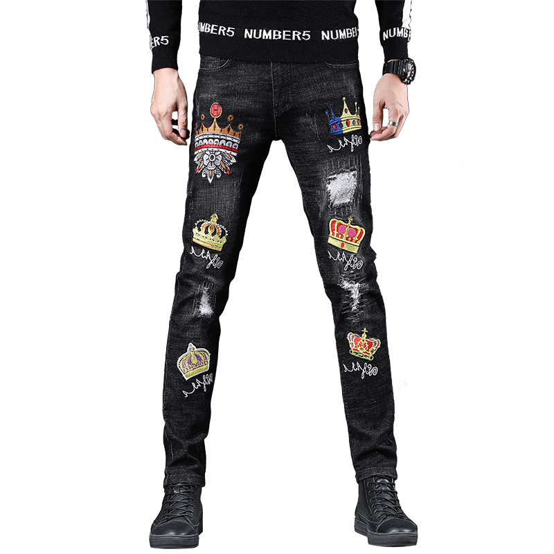 

2021 New Men's Male Trousers Crown Personality Jeans Embroidery Flower Hole Denim Stretch Chinese Style Winter Retro Pants 2022 J25i, Gray