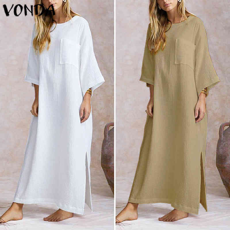 

VONDA Elegant Women Solid Maxi Long Dress 2021 Cotton Vintage Bohemian Plus Size White Dress Sexy Split Hem Vestido Robe Femme X0521