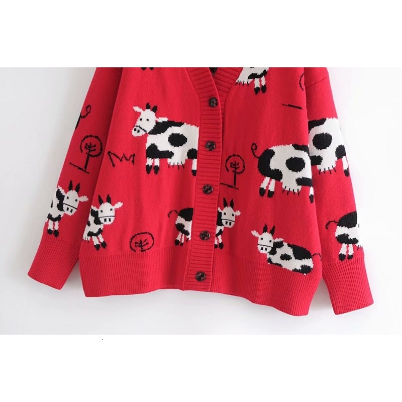 

2021 New Red Cow Print Knitted Coat Women Animal Cardigan Sprint Outwear Cute Jacket Jvua