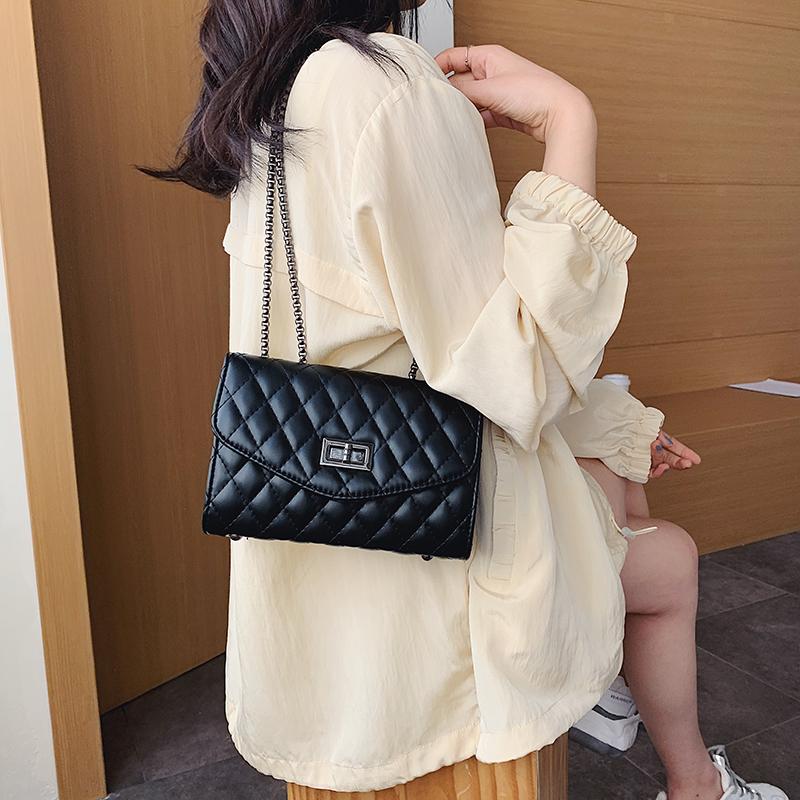 

Fashion Solid Color Small PU Leather Lattice Crossbody Bags For Women Chain Designer Lady Travel Shoulder Messenger Handbags, Black