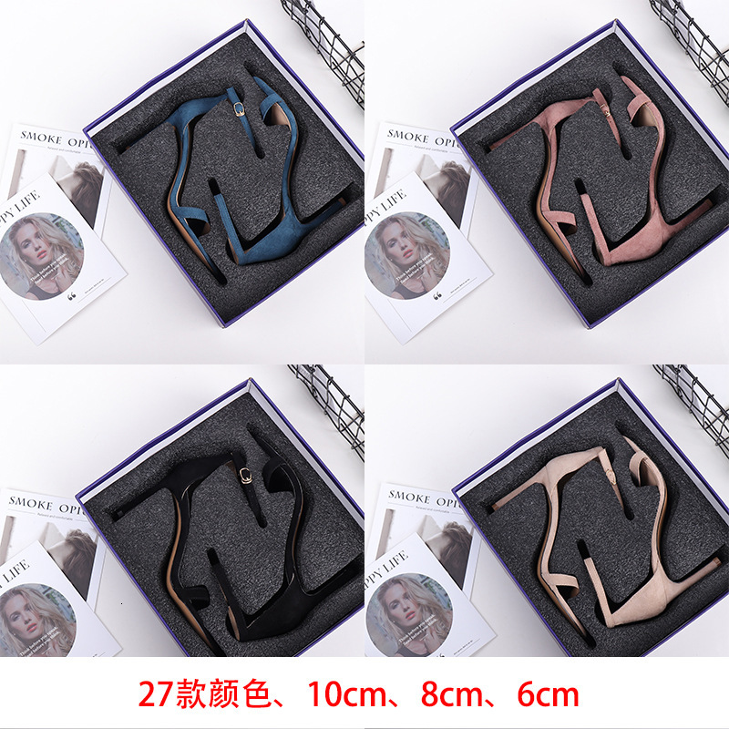 

2021 Sandals Women Summer New Fairyland Word Buckle Thin Heel Sexy All-around Black Celebrity Super High Heels -43 2zai, Black flash 8cm