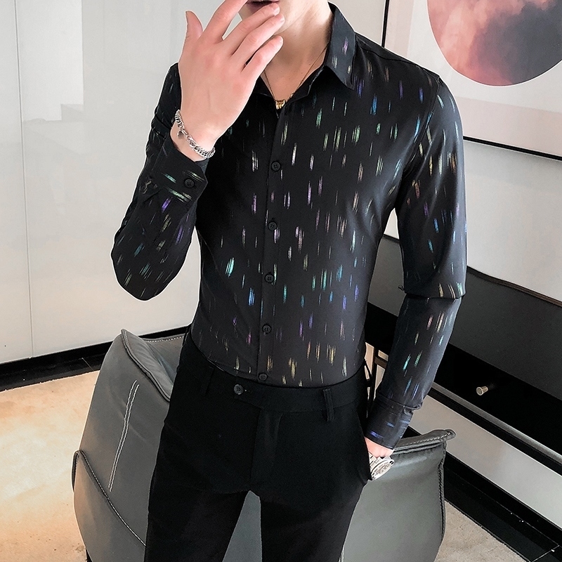 

New Alta Qualidade Preto Vestido Camisas Para Roupas Masculinas Primavera 2021 Nova Impresso Colorida Manga Longa Magro Ajuste Casual Blusas, Black