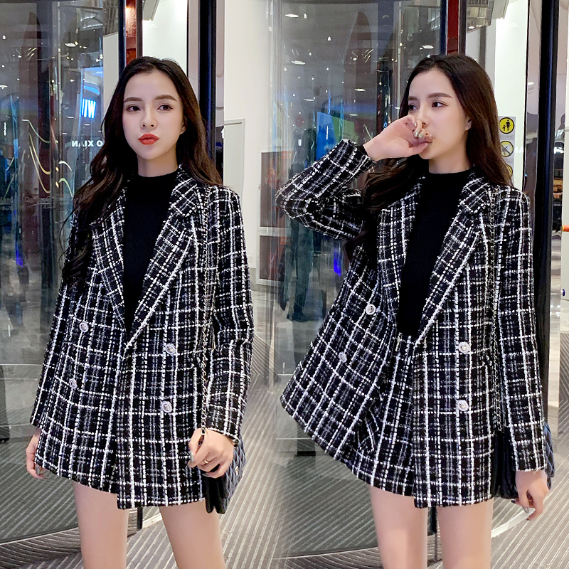 

2021 New autumn and winter small fragrance professional women tweed plaid jacket high waist short shorts two-piece suit 0ZF5, 2-piece set