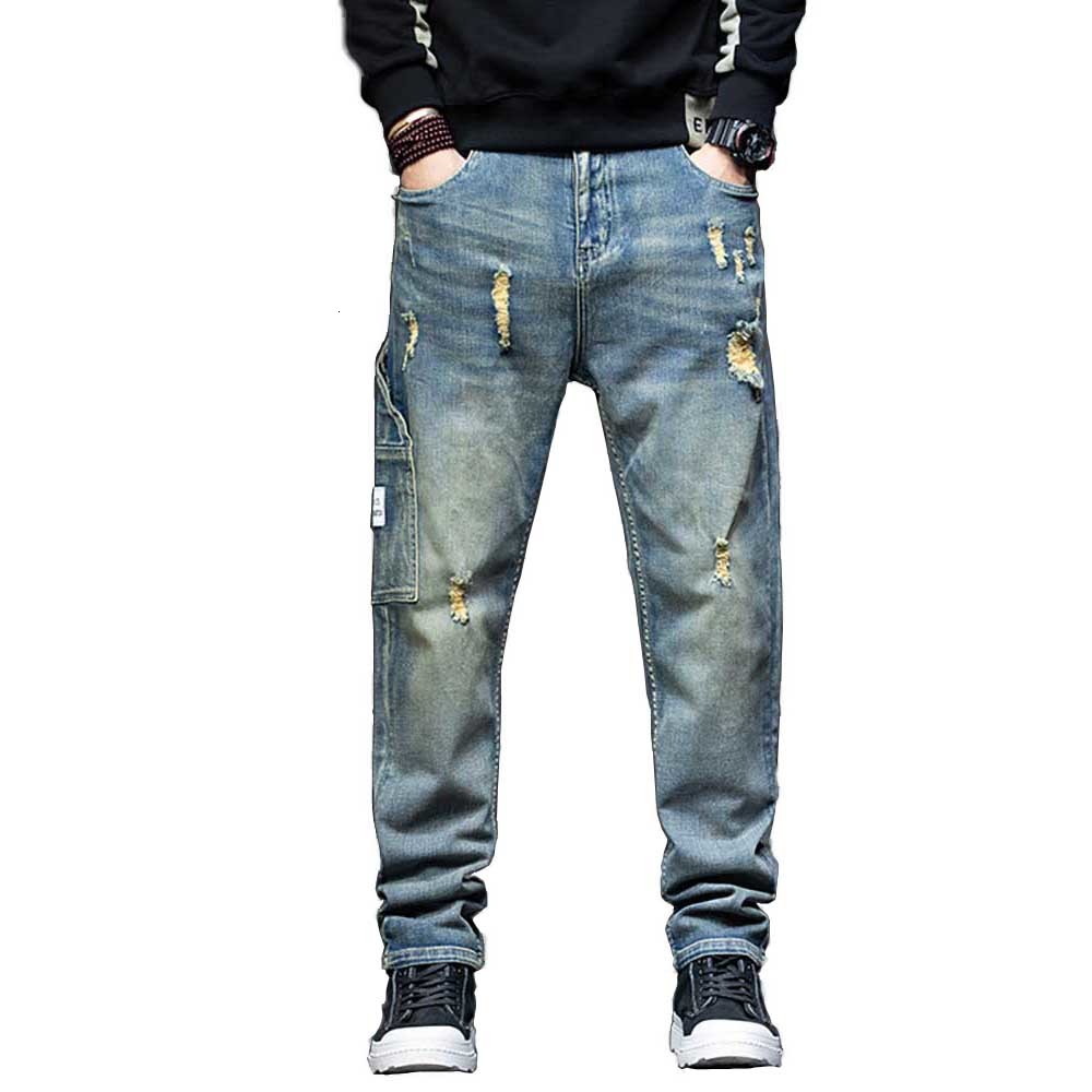 

2021 New in the Fashionable Cargo of Casual Men Afflicted Shredded Released Wide Pants Denim Jeans Plus Retro Size Iou9, Blue