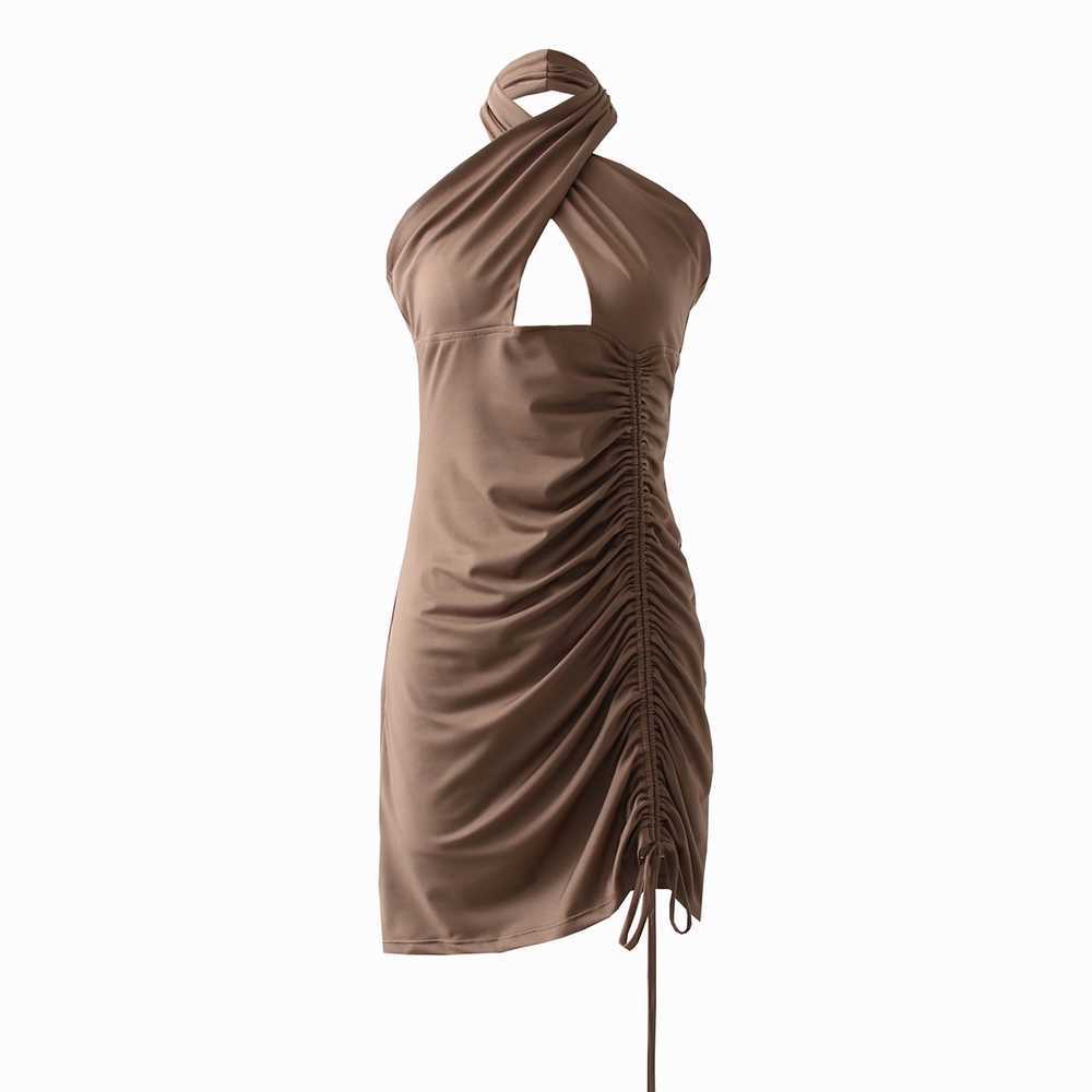 

Sexy Women Dress Summer Fashion Stretch Jersey In Coffee Stylish Ruched Halter Mini Dresses 210602, As photo