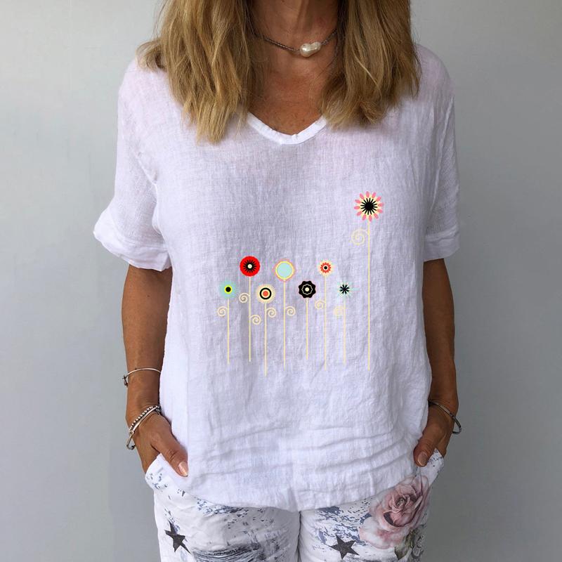 

Women's Blouses & Shirts Linen Cotton Floral Print Elegant Women Shirt Summer V Neck Short Sleeve Blouse Female Casual Plus Size Ladies Pull, White