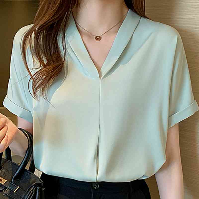 

Women Blouses Femme Top Short Sleeve Summer Blouse Women Blusas Mujer De Moda Verano V-Neck Chiffon Blouse Shirt Tops E705 210602, Green