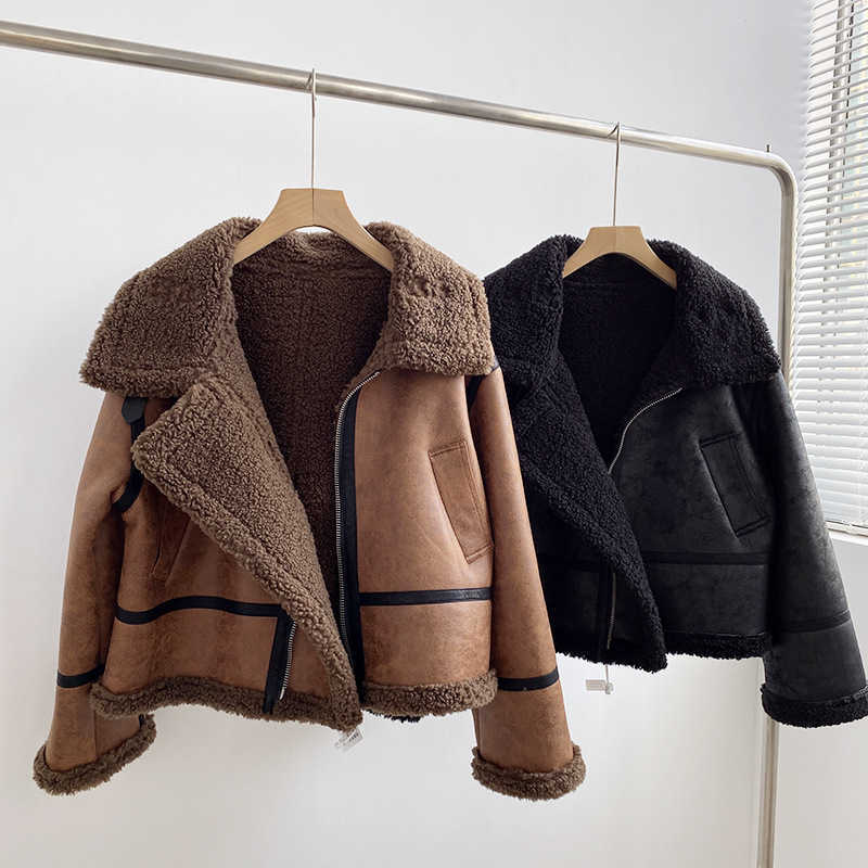 

Winter Retro Short Warm Lambs Jacket Women' Korean Loose Lapel Leather Button Cardigan Wool Coat 210607, Black