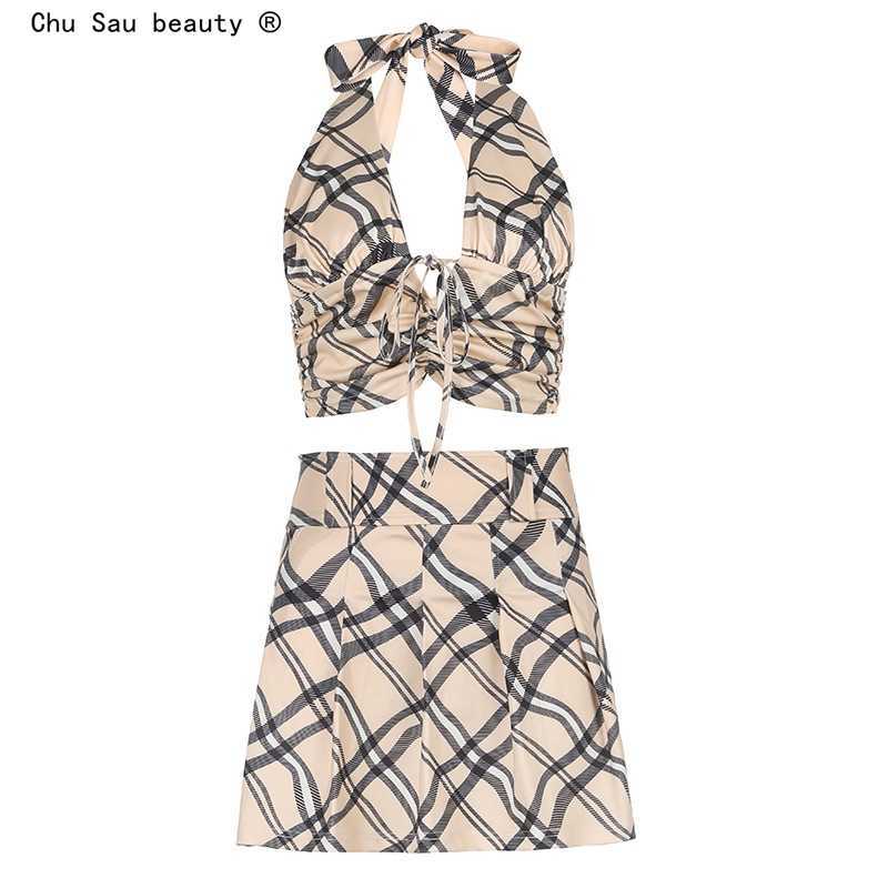 

Ins Fashion Streetwear Style Plaid Print Two Piece Sets Women Sexy Backless Sleeveless Crop Top+Mini Skirts Set Female 210708