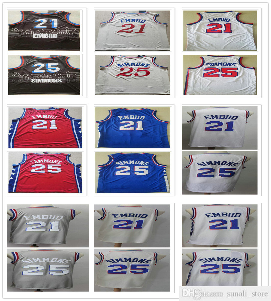 

Stitched Men Youth Kids Joel 21 Embiid Jerseys 2021 New City Black Blue White Cream Ben 25 Simmons Basketball College Shirts Fast Shipping, Black;red